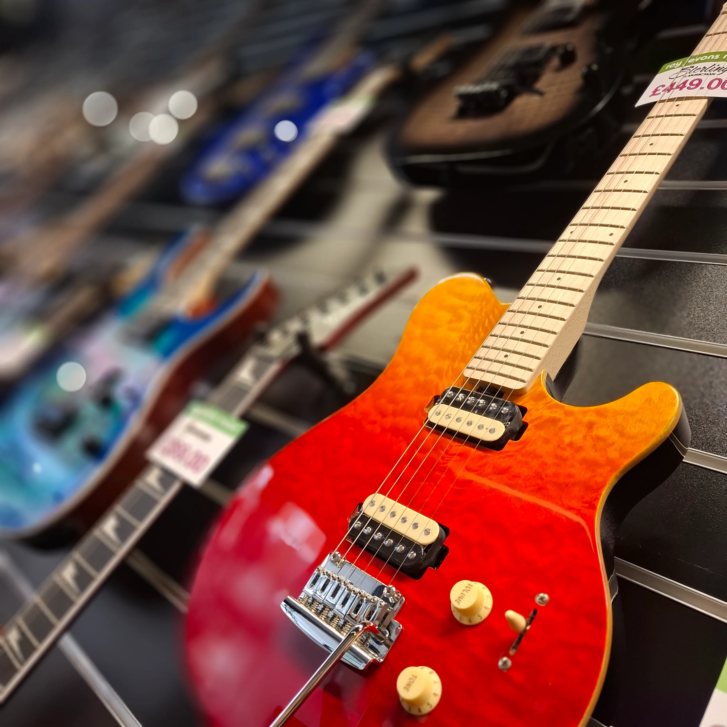 Acoustic guitars on display in store